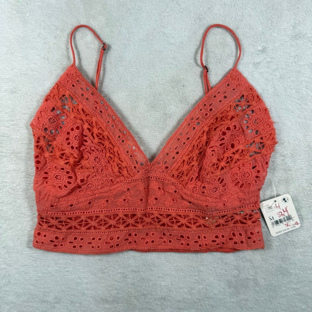 Free People FP One Adella Bralette Lip Gloss Coral Eyelet Lace Crop Top Medium